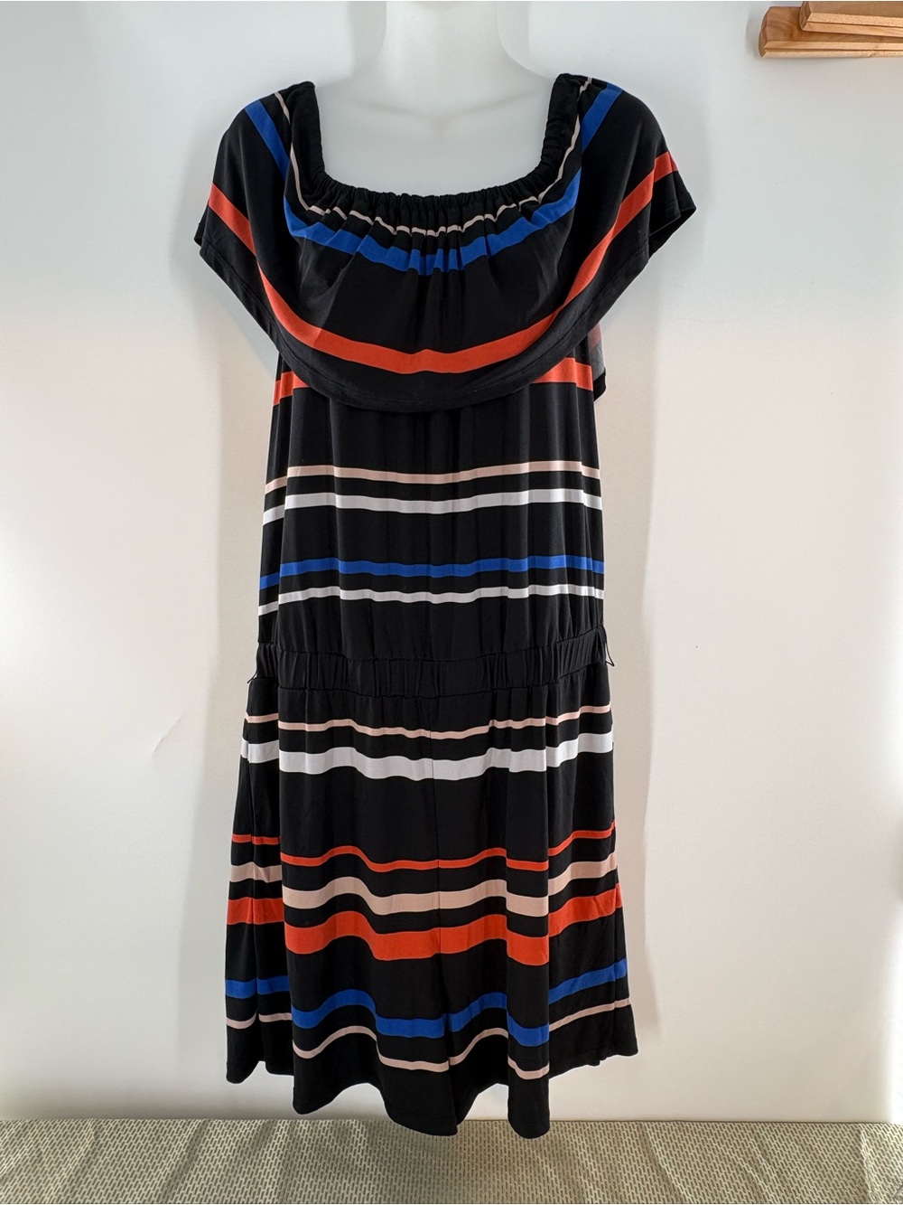 CeCe Sunset Scape Striped Off The Shoulder Romper Black Ruffle Size L